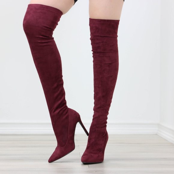 Wine Women's Thigh High Boots Faux Suede Pointed Toe Stilettos - Picture 5 of 15